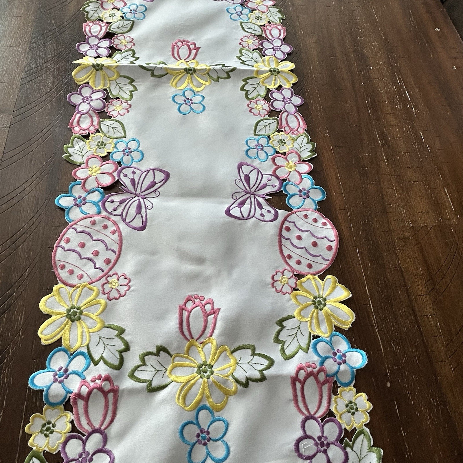 Easter Table Runner 68” Embroidered Cut work Spring Floral Easter Eggs