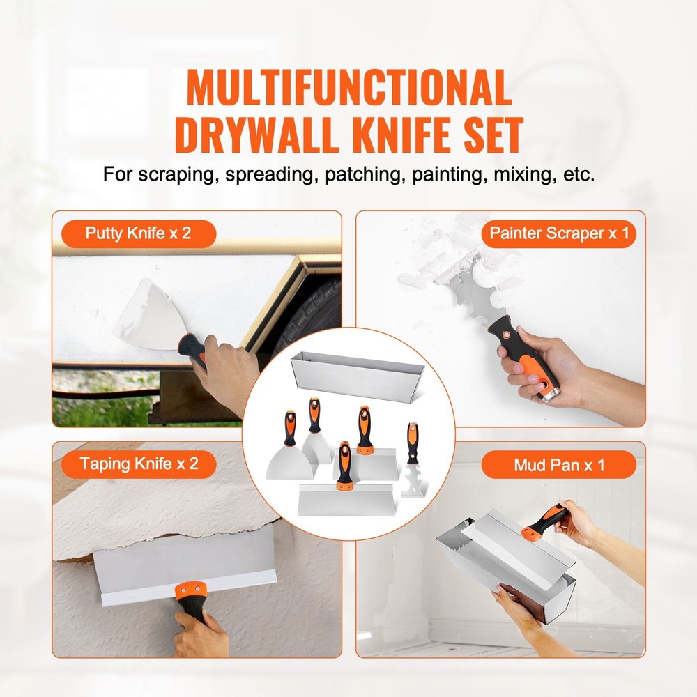 6-Piece Stainless Drywall Tools: Scraper, Putty, Taping, 12" Mud Pan