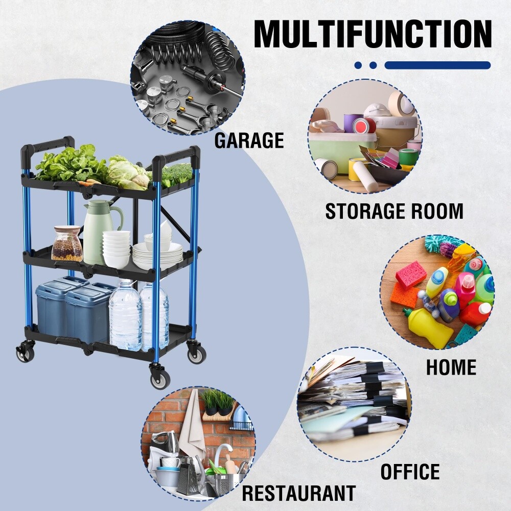 WORKPRO Portable 3-Tier Collapsible Service Cart Folding Tool Cart w/Wheel 210lb