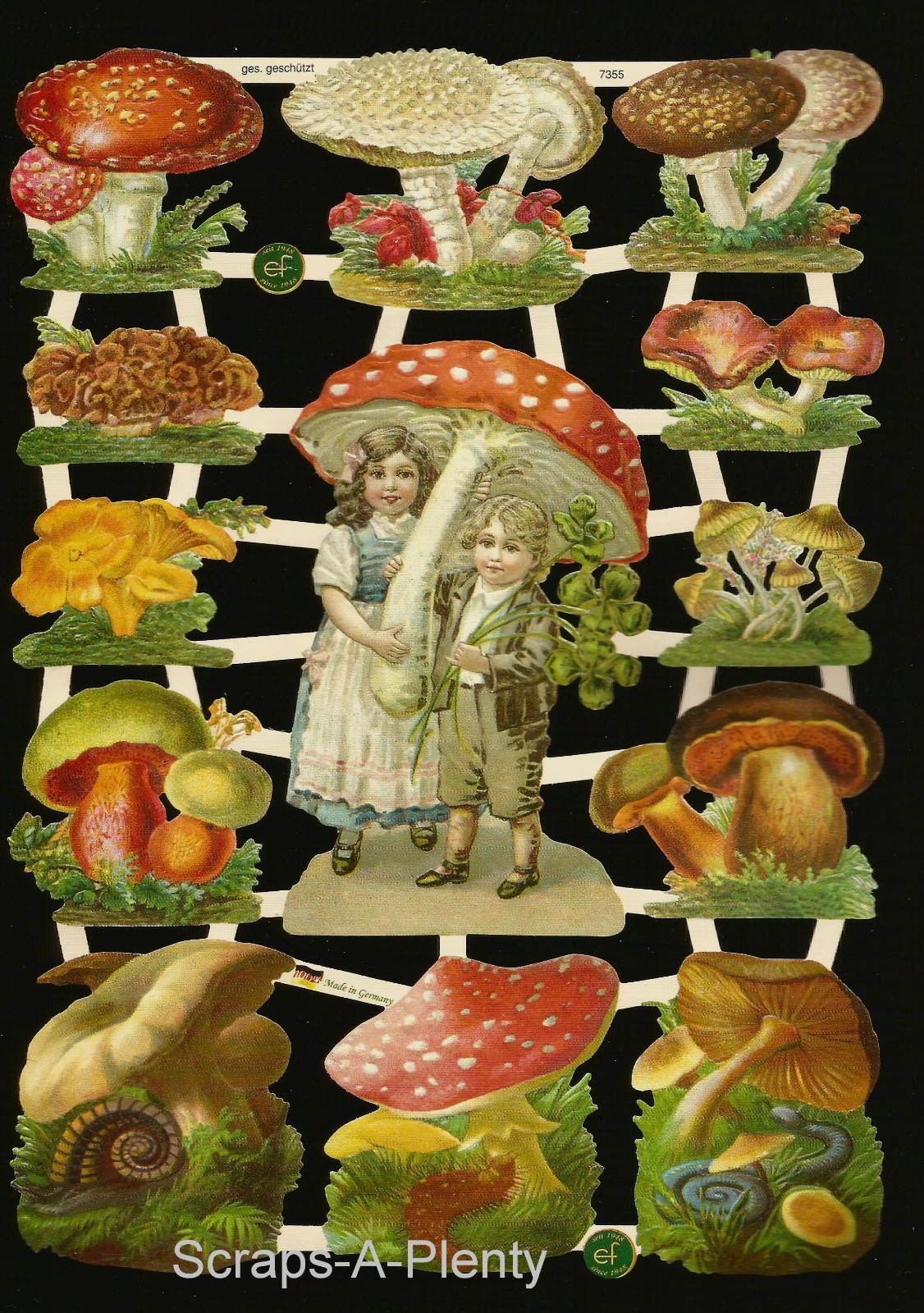 German Embossed Vintage Style Scrap Die Cut - Colorful Mushroom Children  EF7355