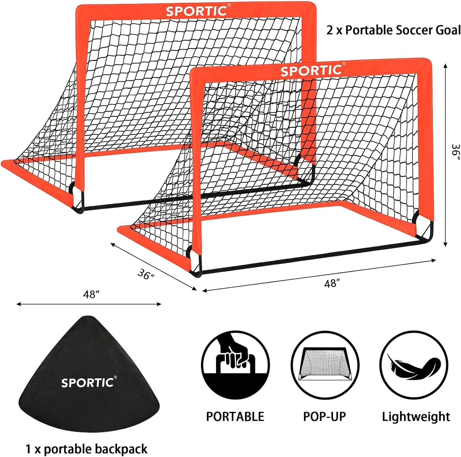 SPORTIC 4' x 3' Soccer Goal Net Set 2 Pk Portable Pop Up for Kids Practice Train