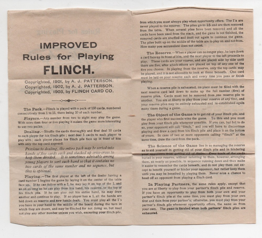 1903 Rules for Playing the Parlor Game " Flinch "
