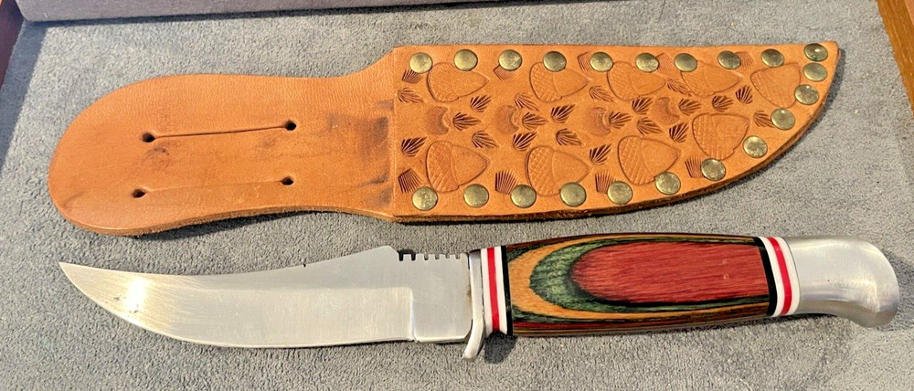 Custom handmade laminate handle hunter with custom leather sheath--1785.23