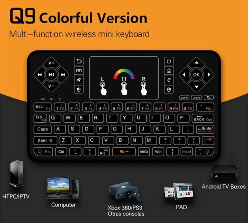 Q9 Mini 7 Color Backlit Handheld USB Wireless Keyboard+Touchpad Remote Control