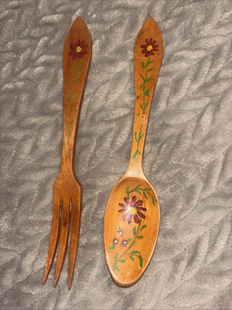 Hand Painted Wood Small Serving Fork & Spoon Set with Flowers & Plain Set 10”