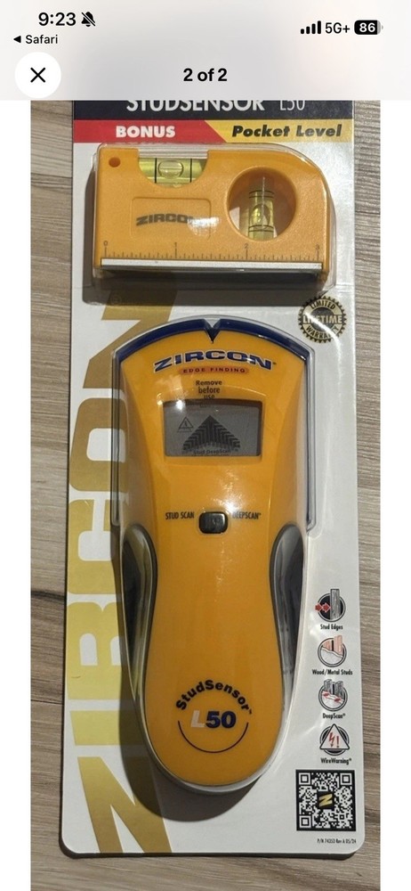 Zircon StudSensor L50 Edge Finding Electronic Stud Finder Sensor w/Pocket Level