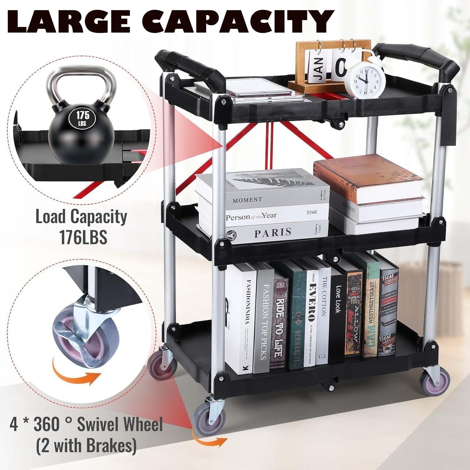 3 Tier Folding Service Cart Utility Trolley w/ Wheels Collapsible Aluminum Frame