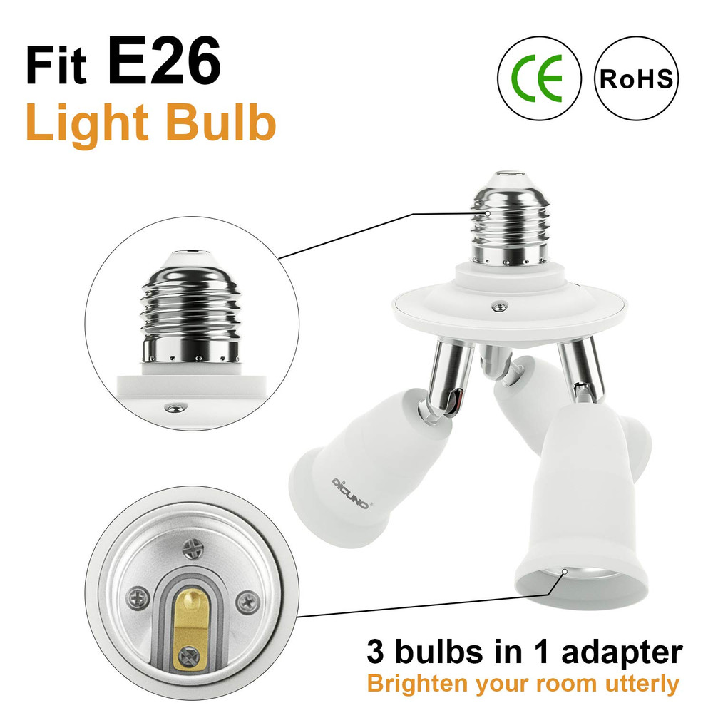 3 in 1 E26 Light Socket Splitter Adapter, Standard Base LED Bulb Converter, 360