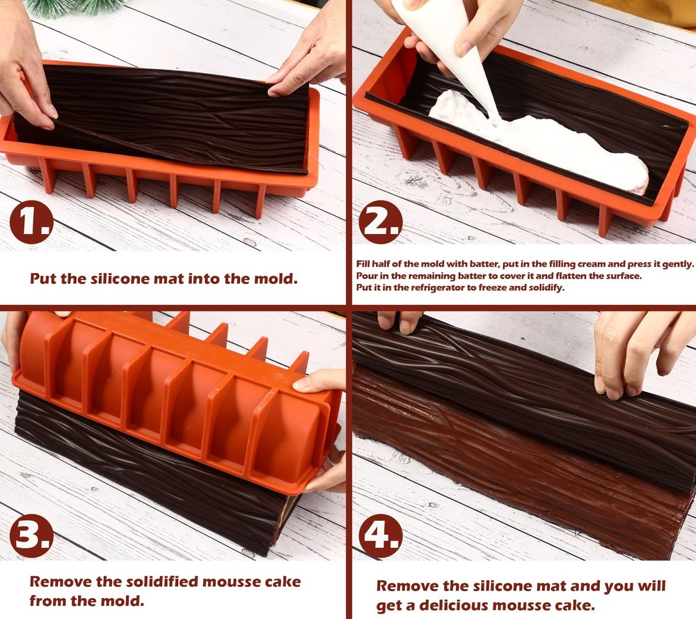 Webake Yule Log Cake Pan Silicone Mold with 2 Bark Log,