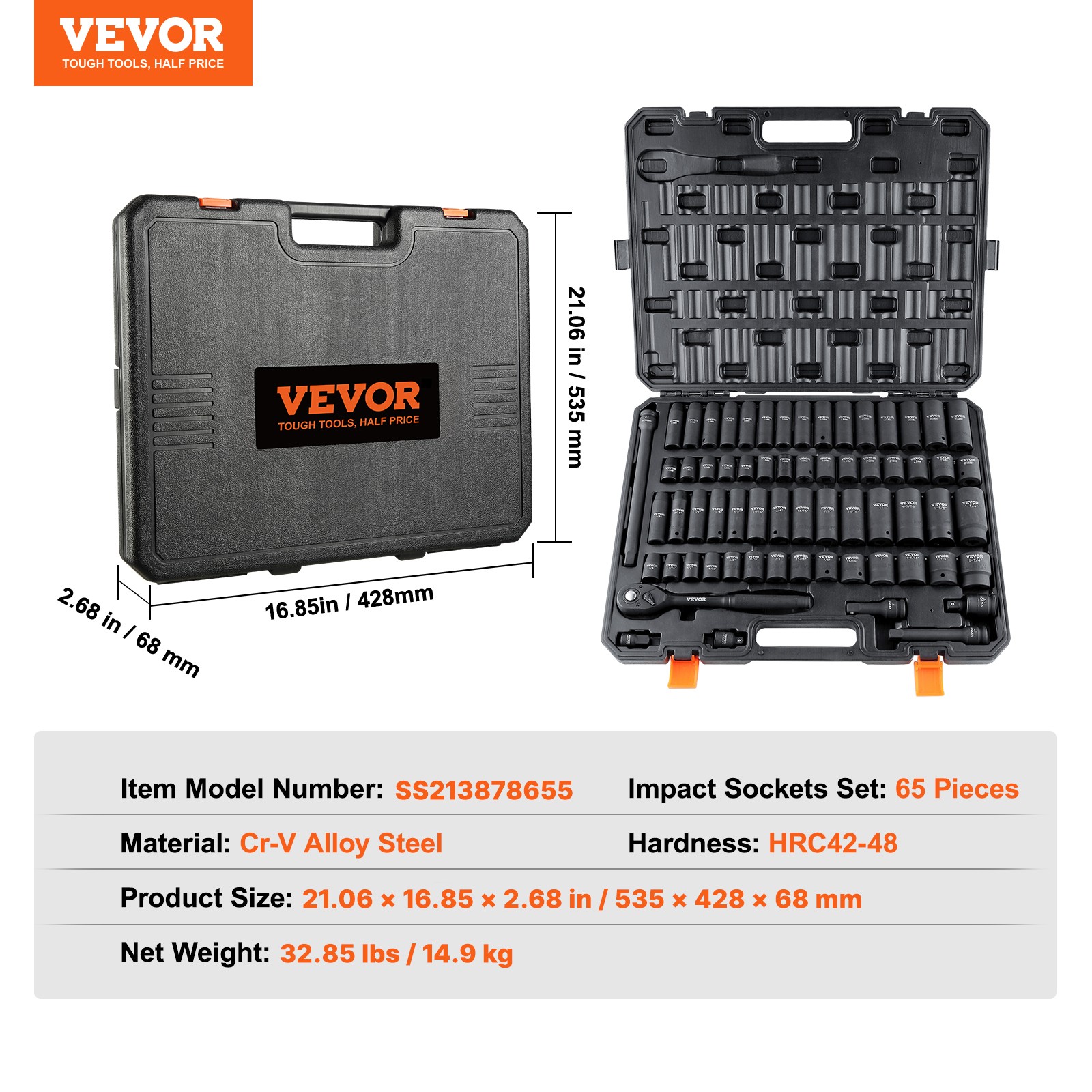 VEVOR Impact Sockets Set 65pcs 6-Point 1/2in Drive Bit Ratchet Tool Kit Case