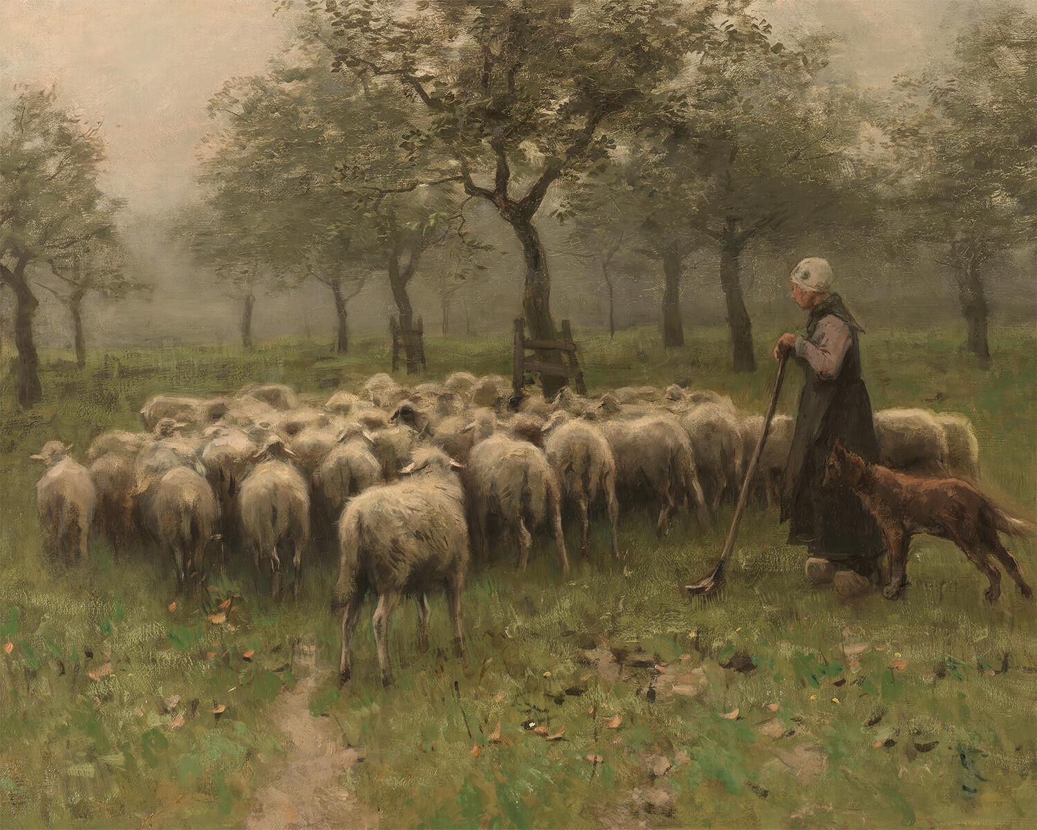 Antique Sheep with Shepherdess Painting Giclee Print on Fine Art Paper