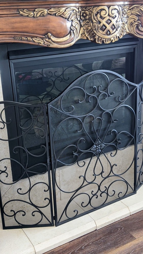 49" X 36" Black Metal Foldable 3 Panel Scroll Fireplace Screen with Mesh Netting