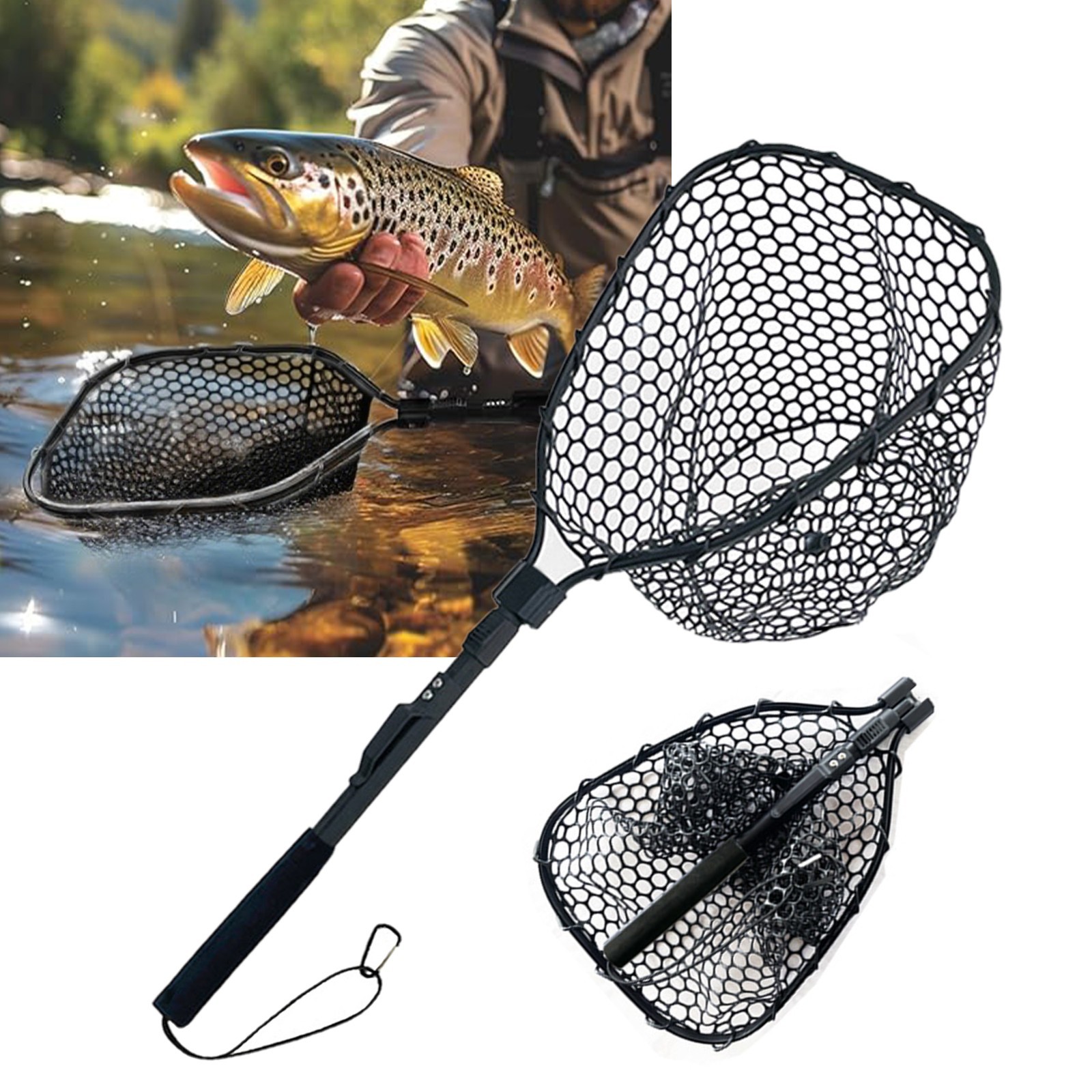 Folding Fly Fishing Landing Net Rubber Safe Catch Release Silicone Fish Nets