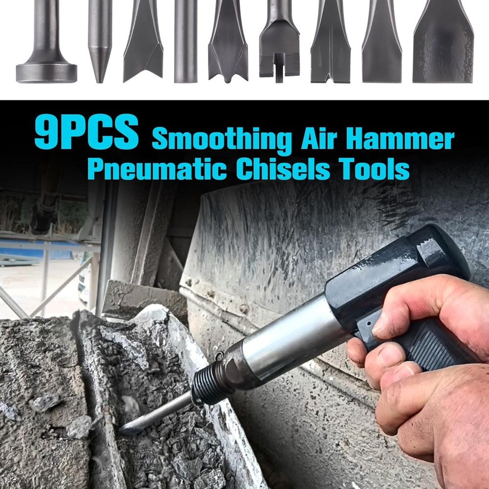 9 Pack Air Hammer Bits Pneumatic Chisel Set Air Hammer Punch Chipping Bits Tools