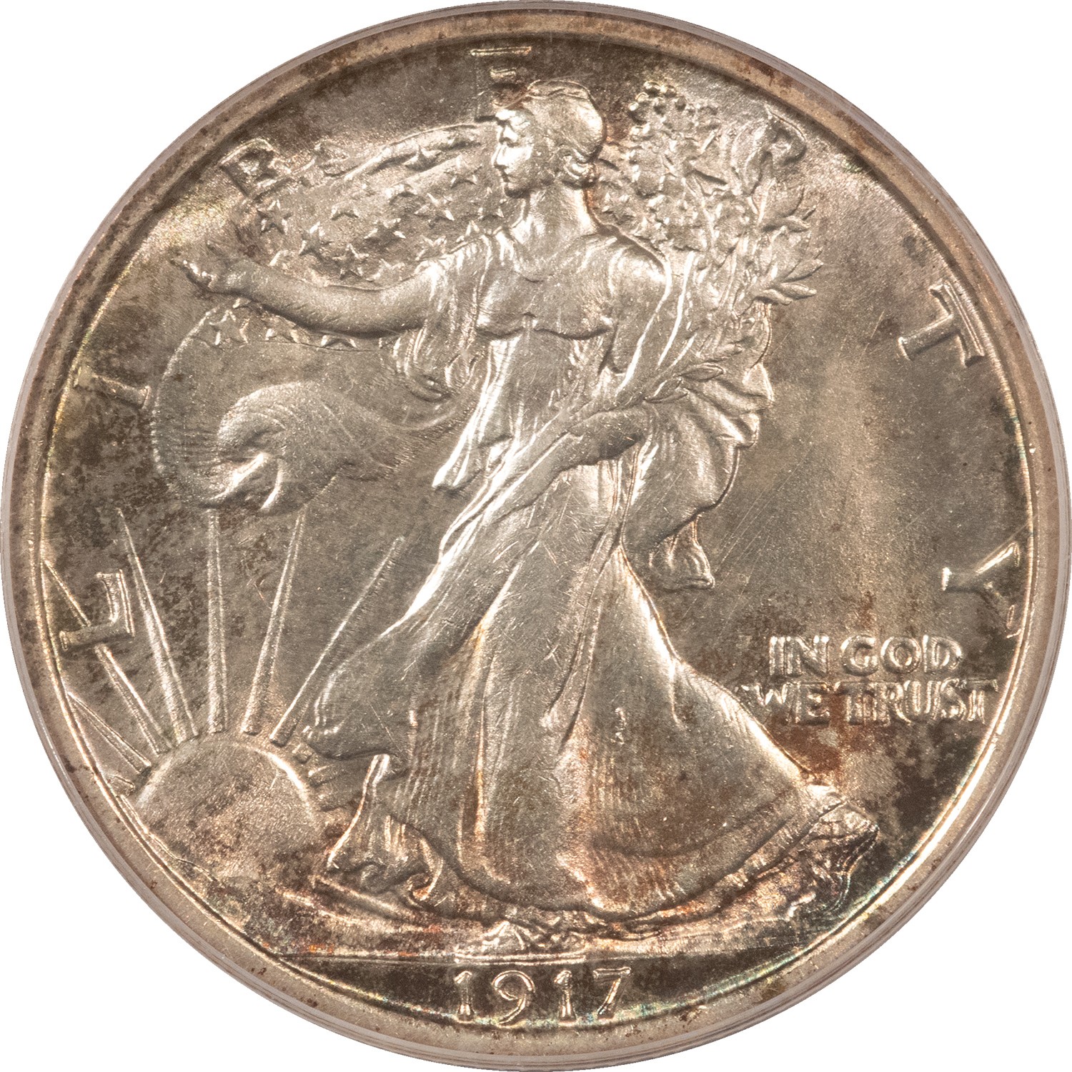 1917 WALKING LIBERTY HALF DOLLAR - PCGS MS-61, OLD GREEN HOLDER, PQ, PRETTY!