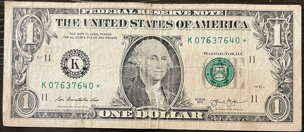 2013 $1 Star Note K07637640* Ink Error!