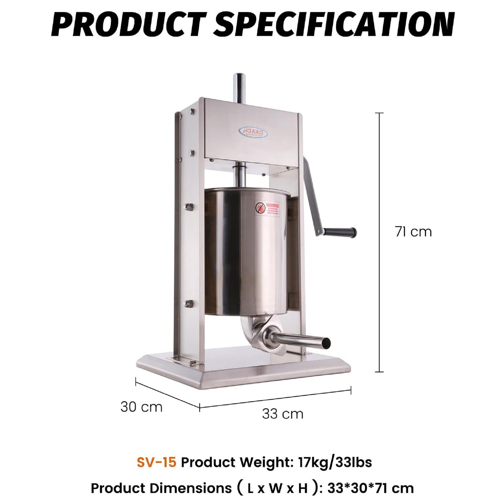 Hakka Vertical Sausage Stuffer 32LB 15L Manual Stainless Steel Meat Filler Maker