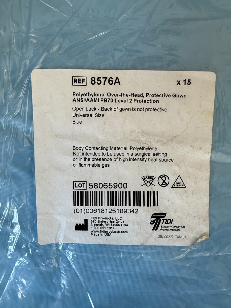 TIDI Shield AAMI Level 2 Isolation Gown Open Back Thumb Loop 8576A - 15 Pack