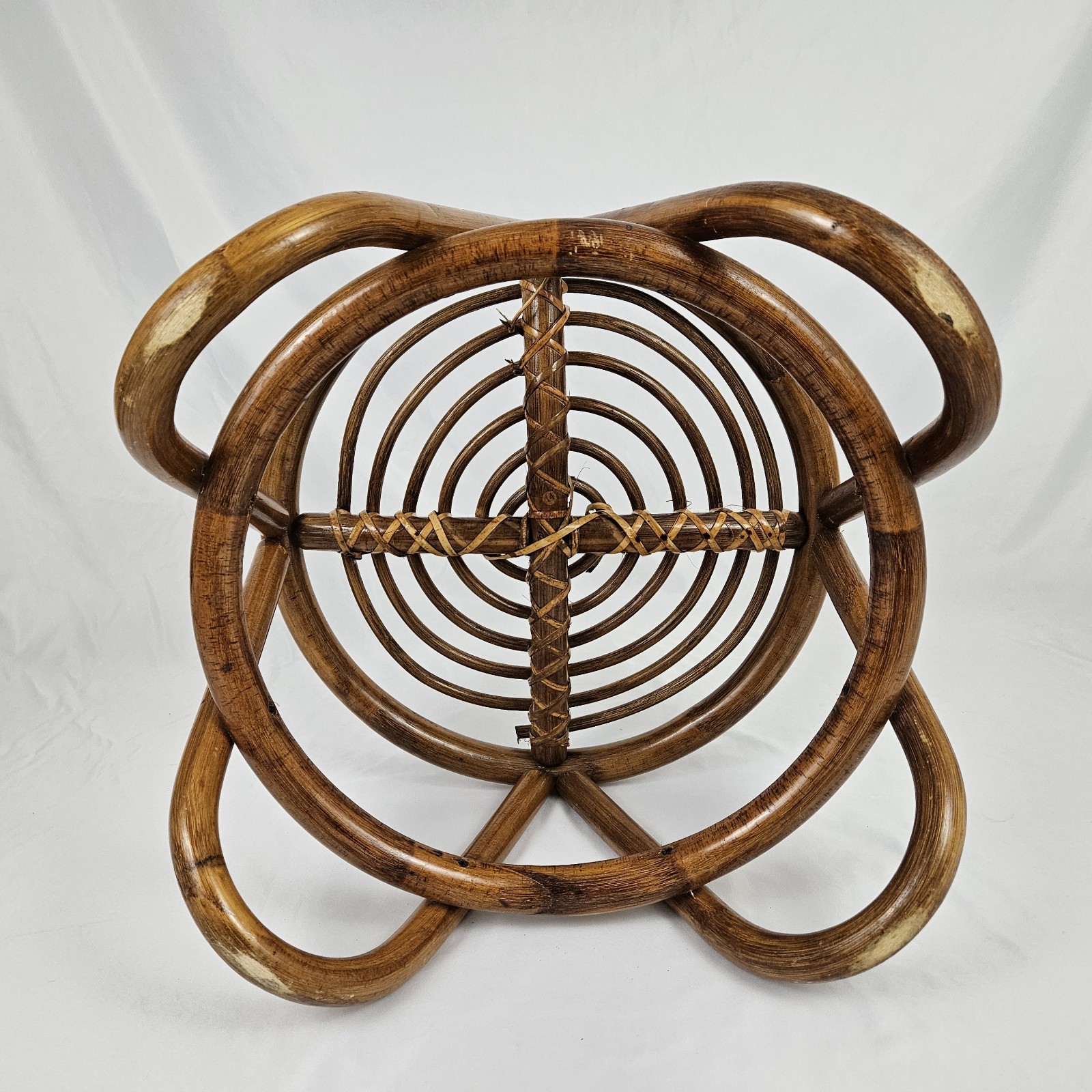 Vintage Rattan Footstool Ottoman Plant Stand Bent Bamboo Boho Mid-Century Modern