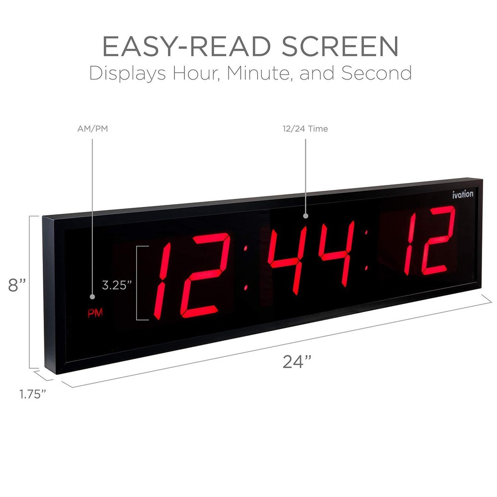Ivation 24" Large Digital Wall Clock, 6-Level Brightness, LED Wall Clock, Red