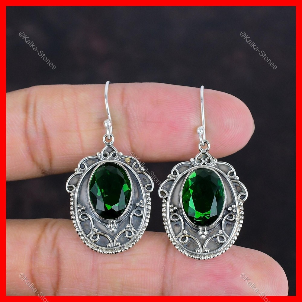 Oval Chrome Diopside Gemstone Sterling Silver Hook Dangle Drop Artisan Earrings