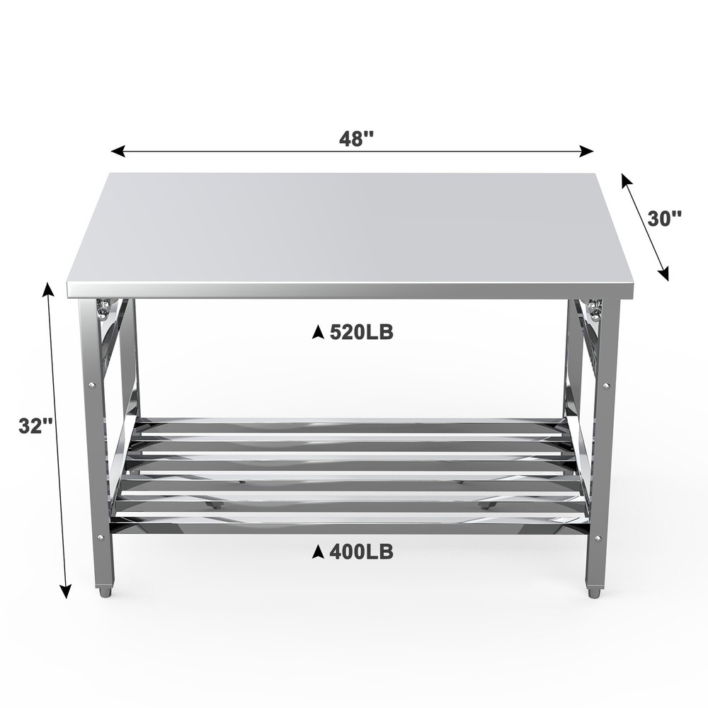 Stainless Steel Prep Table 48" x 30" Folding Work Table w/ Adjustable Undershelf