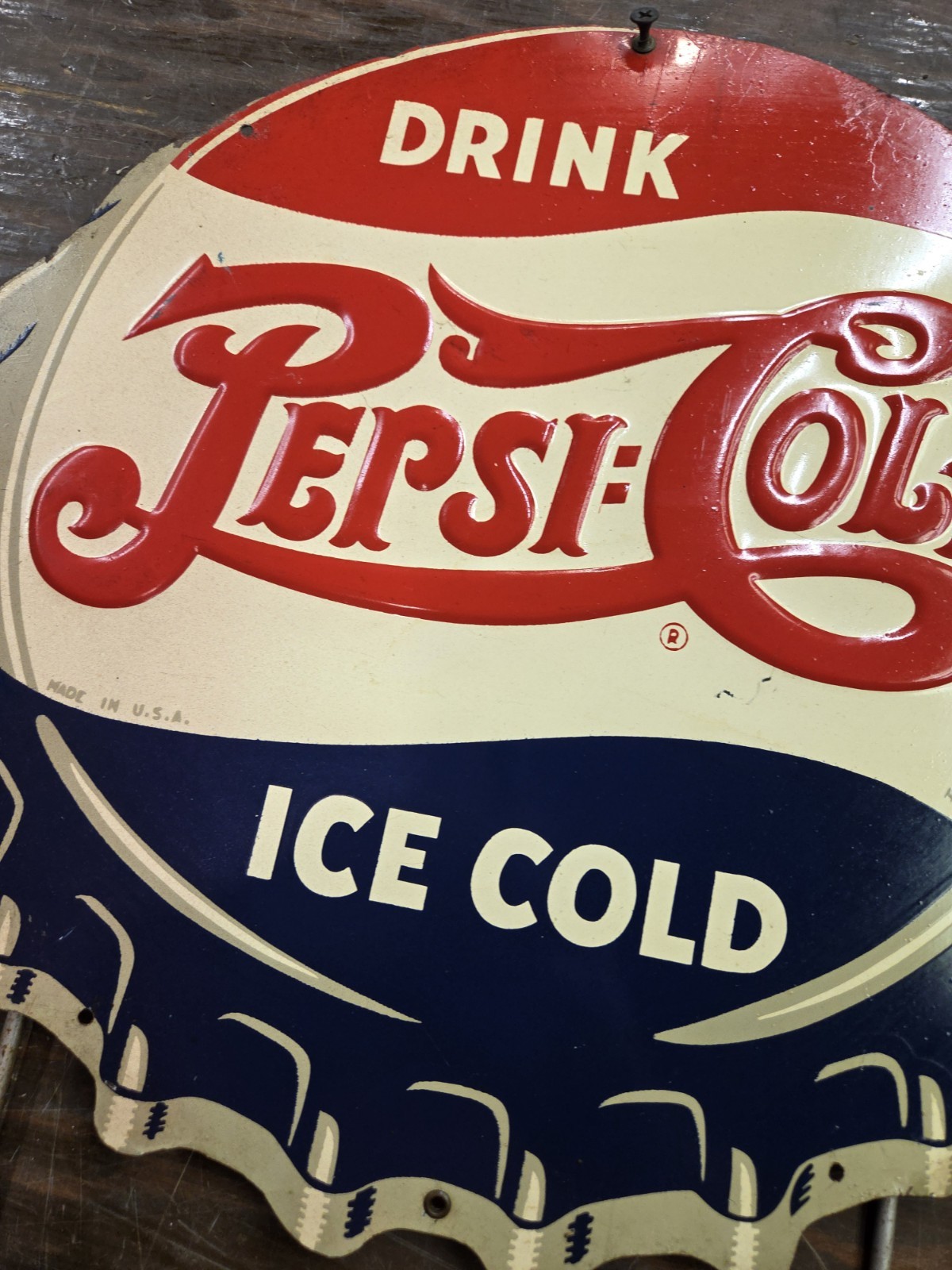 1940’s Embossed Double Dot Pepsi Cola Bottle Cap Sign Rack Topper