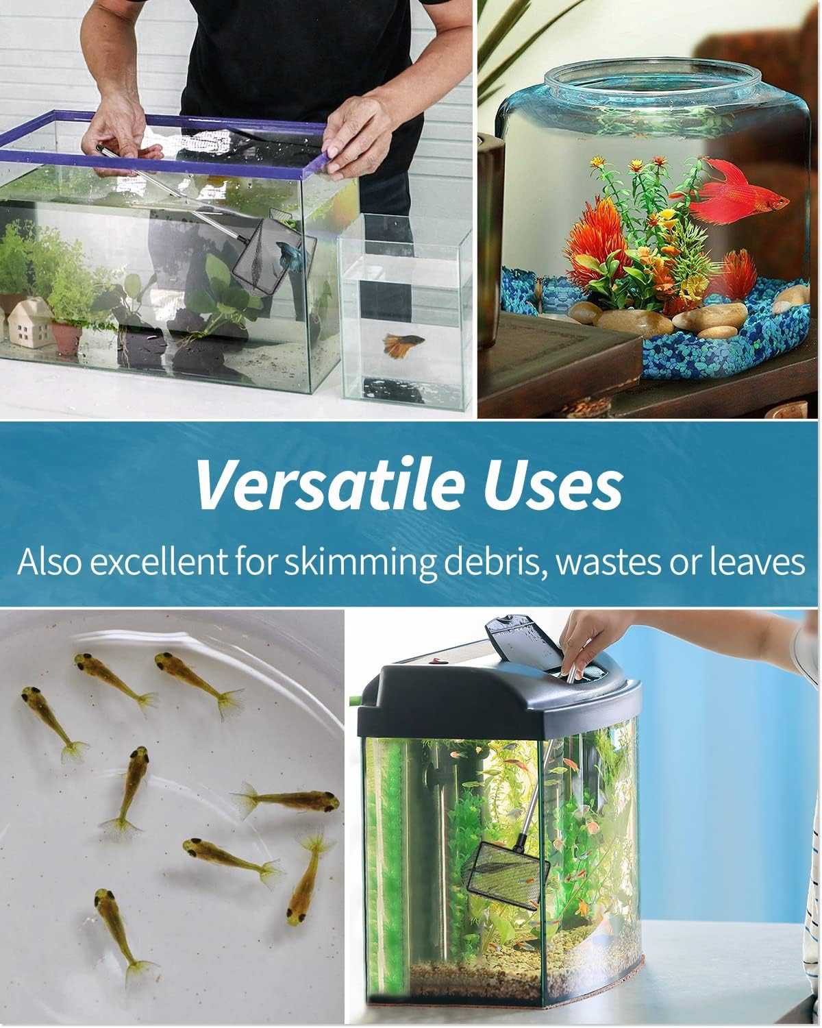 Aquarium Fish Net Extendable 9 to 24 In Handle for Betta Shrimp Fry Small Tanks