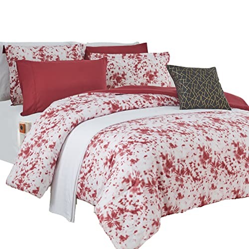 Reversible 10-Piece Comforter Set, Tie-Dye Print, Decorative King Burgundy