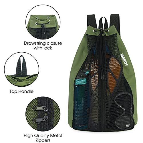 Swim Bag Mesh Drawstring Backpack Beach Backpack for Swimming, Gym, and Green
