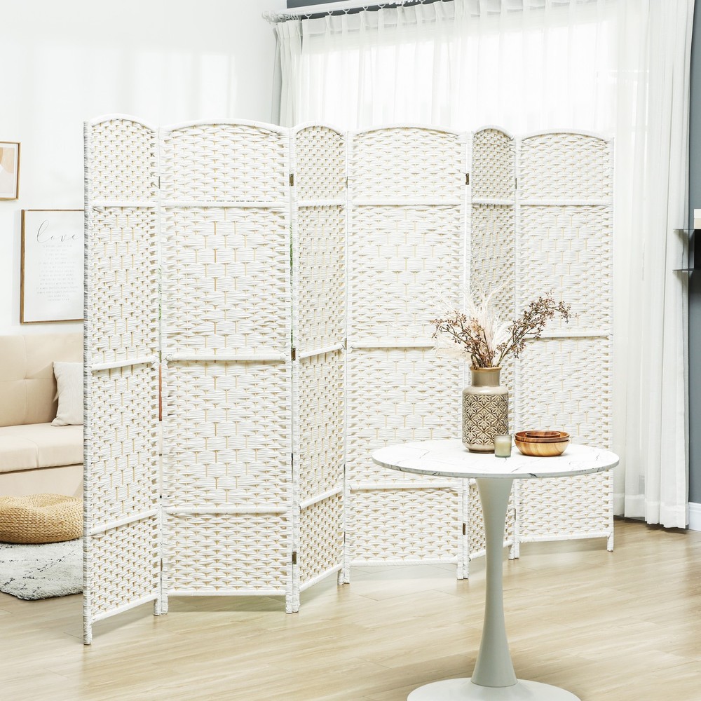 6 Panel Room Divider Hand-Woven Freestanding Partition White