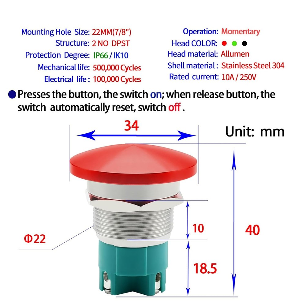 10 Amp Push Button Switch Red 22mm 7/8'' Momentary, DPST 2NO,
