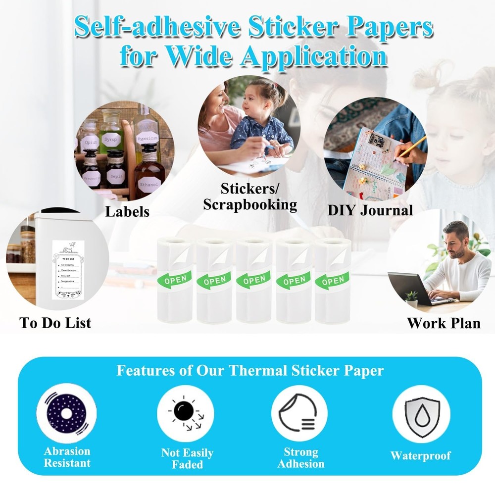 16 Rolls Mini Printer Paper, Including 5 White Sticker, 6 Colored Plain, and ...