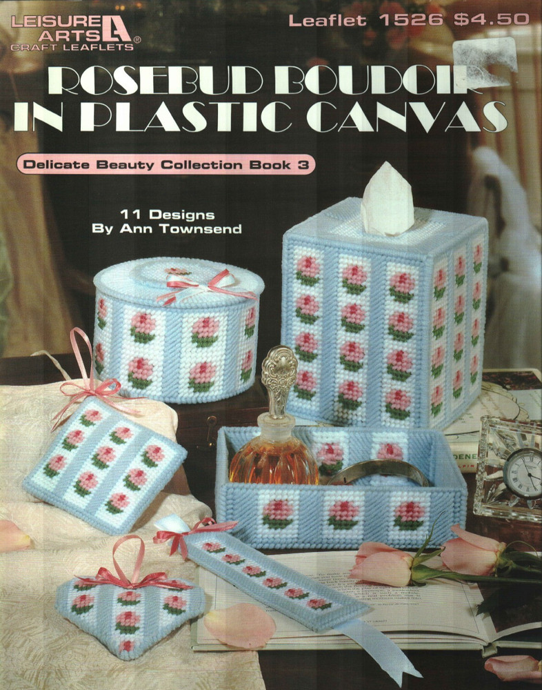 ROSEBUD BOUDOIR COASTERS TRAYS TISSUE BOX COVER PLASTIC CANVAS PATTERN BOOK