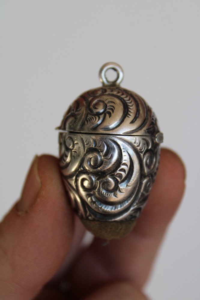 Antique Sterling Silver Repousse Sewing Chatelaine Egg Thimble Case & Pincushion