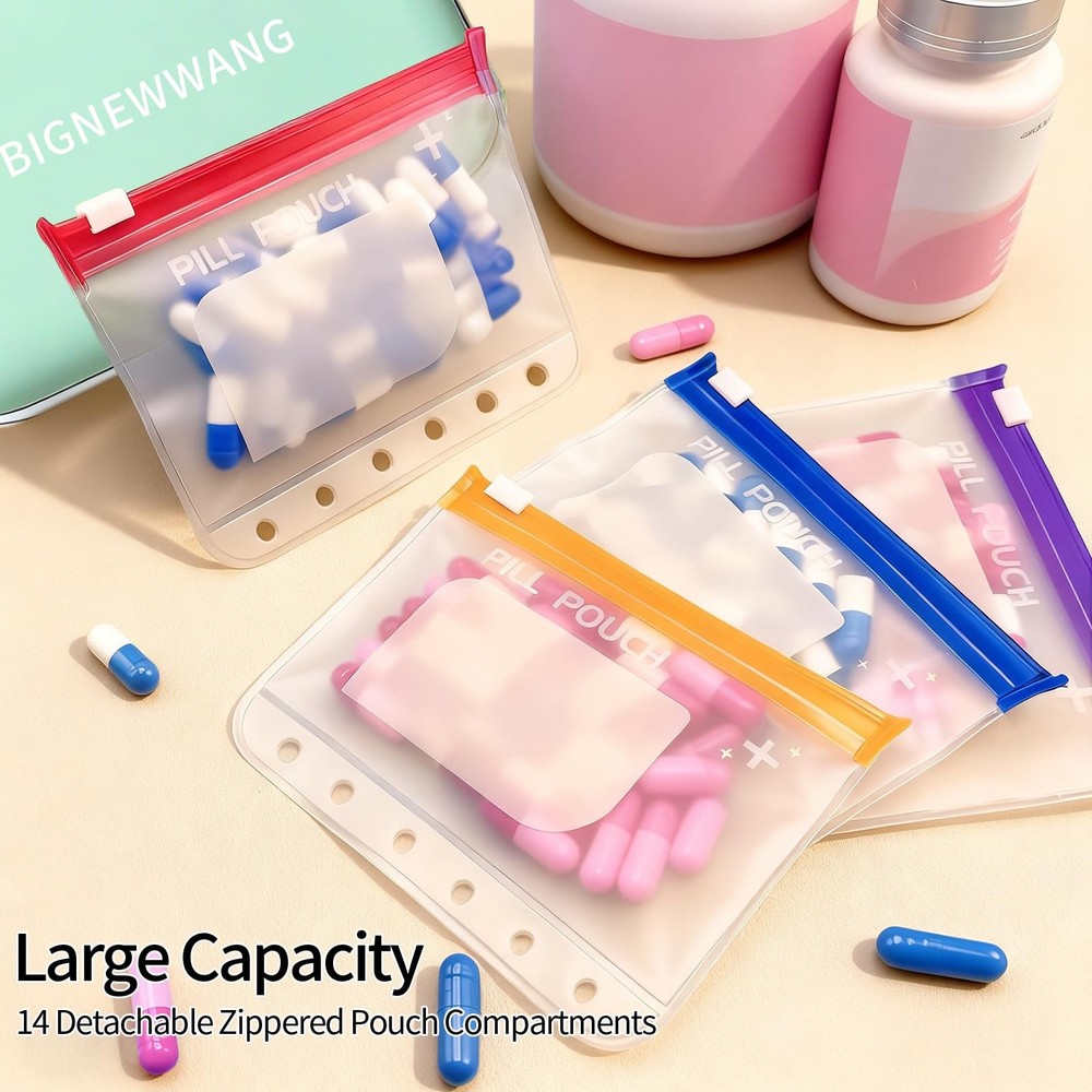 Extra Large Weekly Pill Organizer Set, Reusable Bags with 14 Coded Green