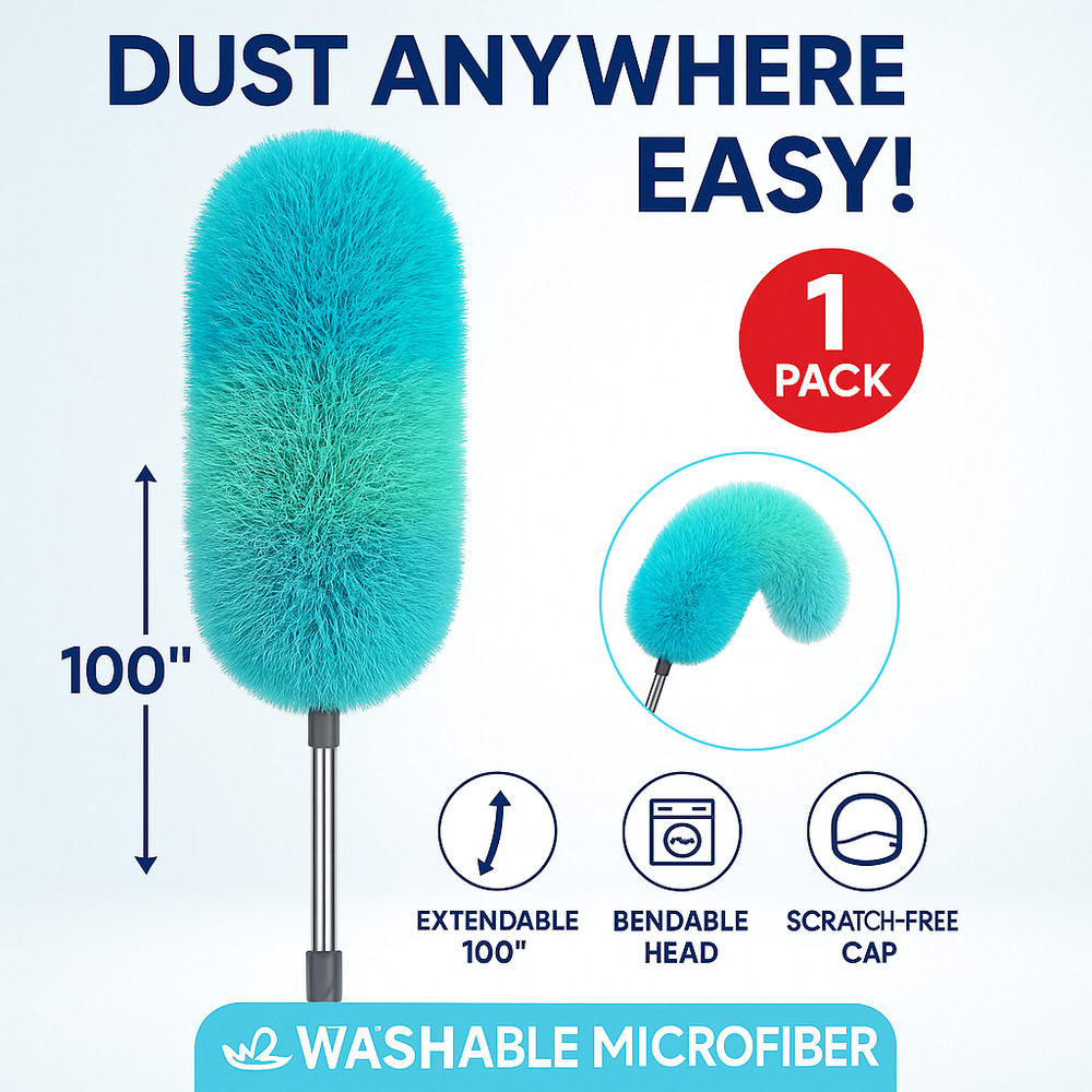 Microfiber Duster with 100" Extendable Pole Bendable Head for Ceiling Fan Dust