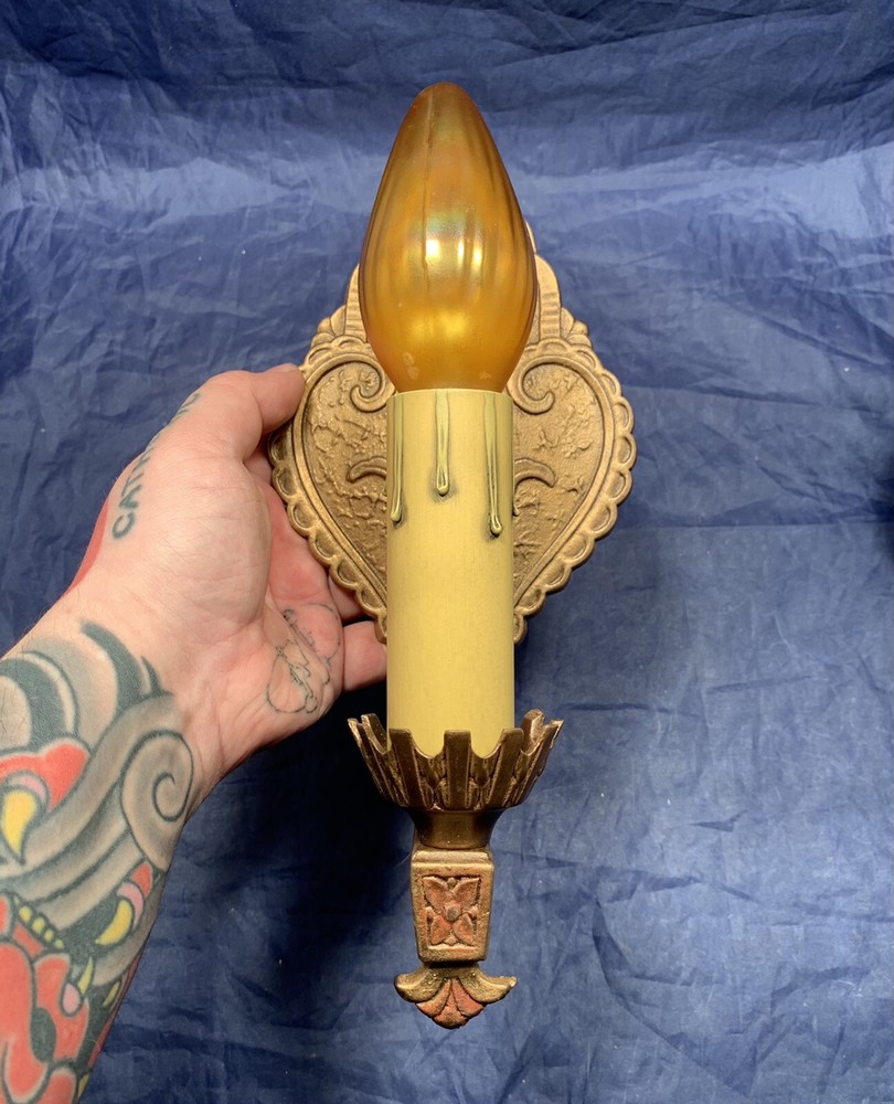 Pair antique candle sconces nice polychrome finish 13E