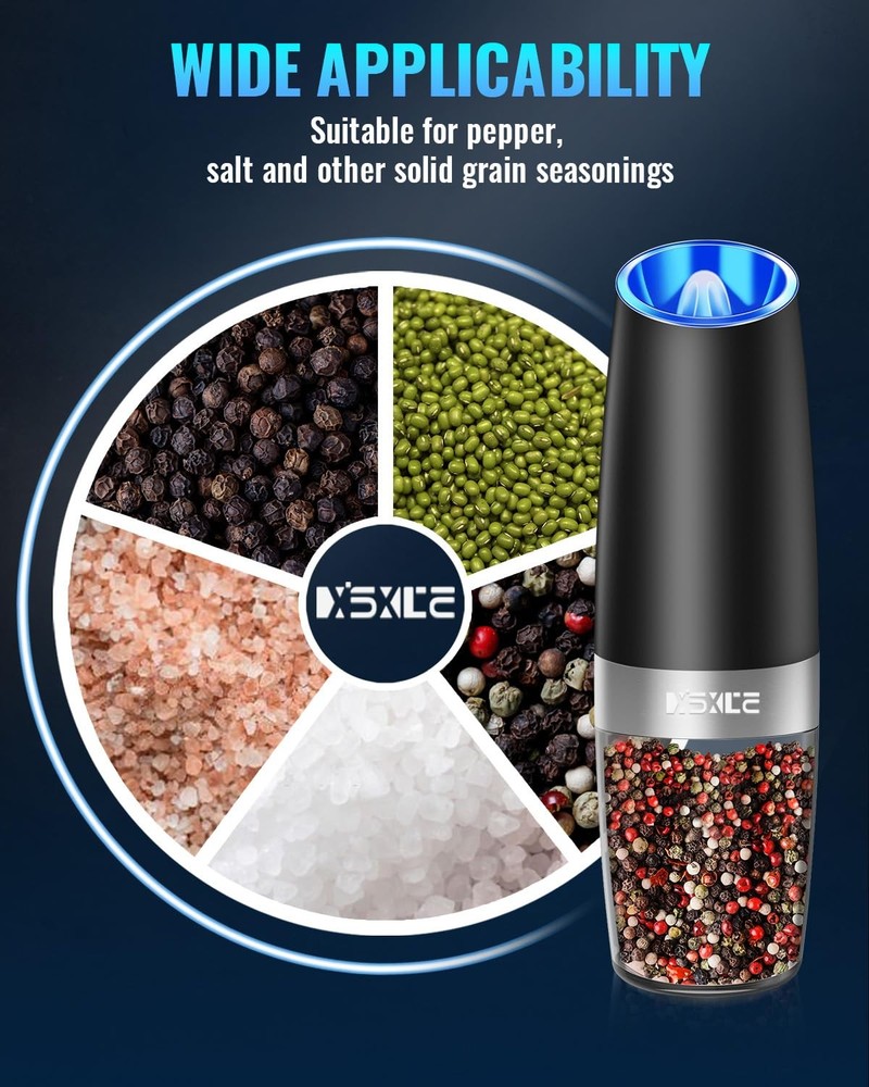 Electric Salt Pepper Grinder Set Gravity Auto Adjustable LED Battery 2Pack