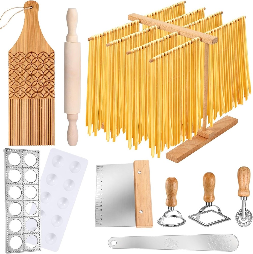 9 Pcs Pasta Making Tool Set Include 1 Bamboo Drying Rack 1 Ravioli Press
