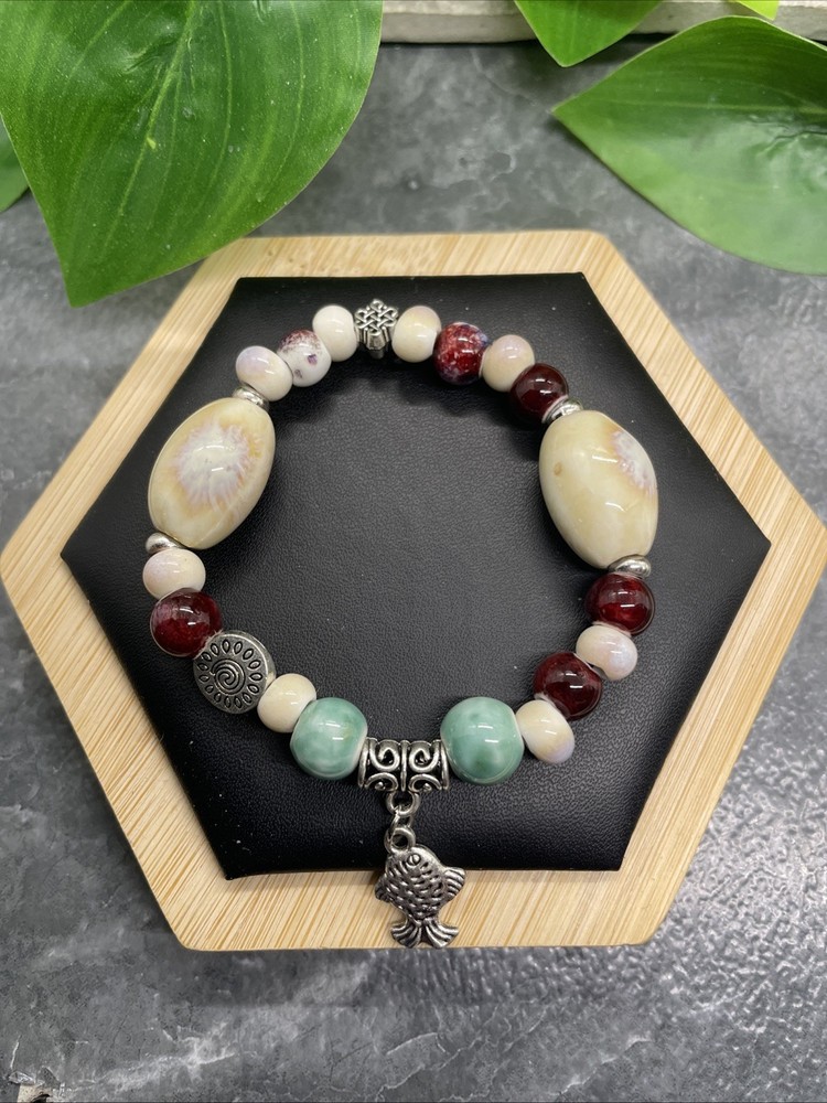 Handmade Ceramic Bead Beaded Stackable 6” Plus Stretch Bracelet New B285