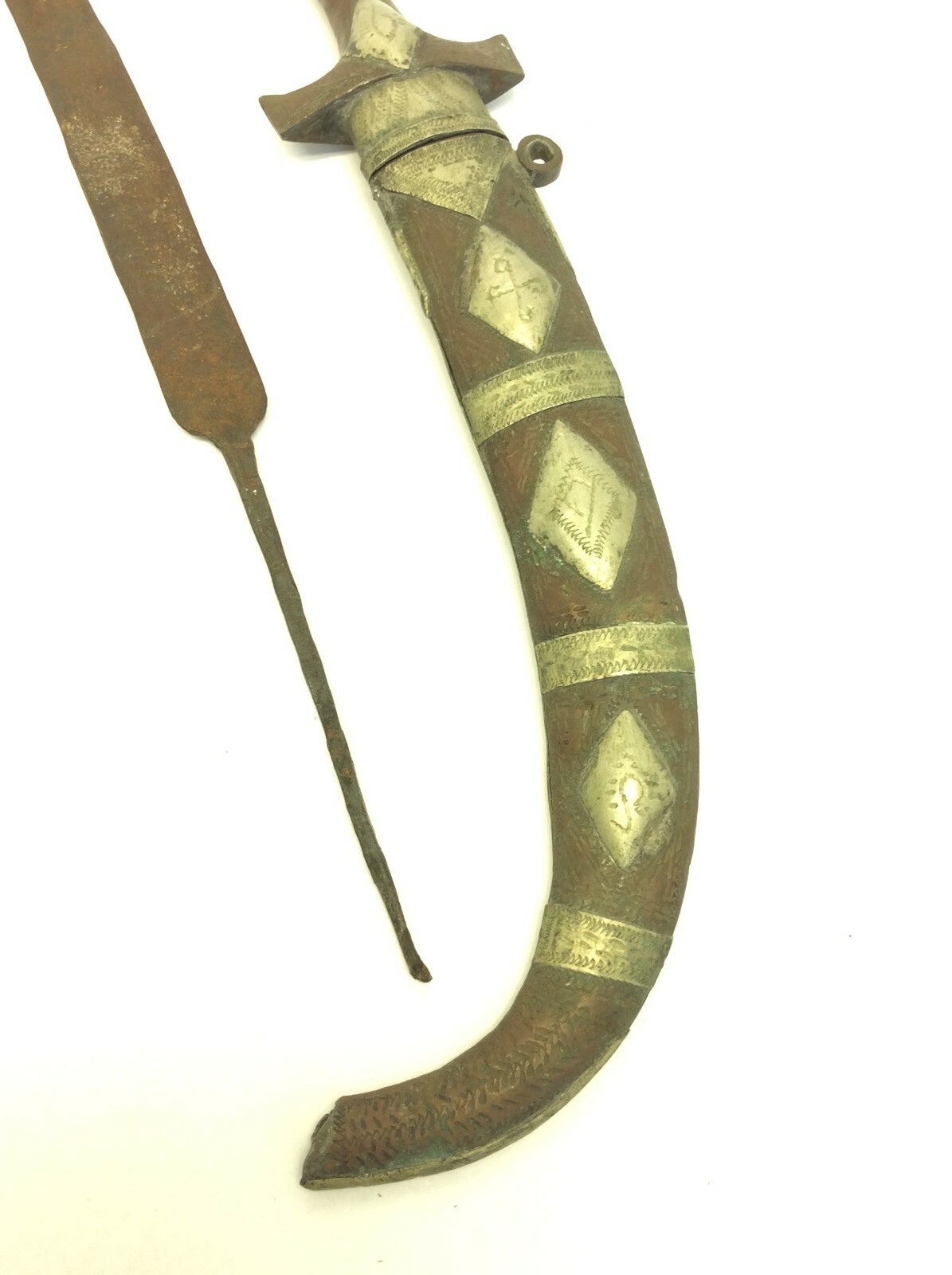 Antique Moroccan Koummya Dagger Brass & Silver Inlay Sheath Curved Blade