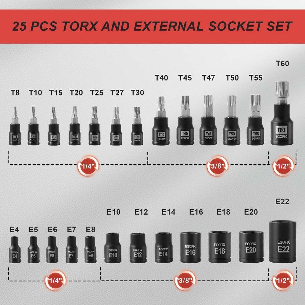 25 Piece Torx Bit and Socket Set, 13 Star Bits (T8- T60) & 12 E-Torx Sockets ...