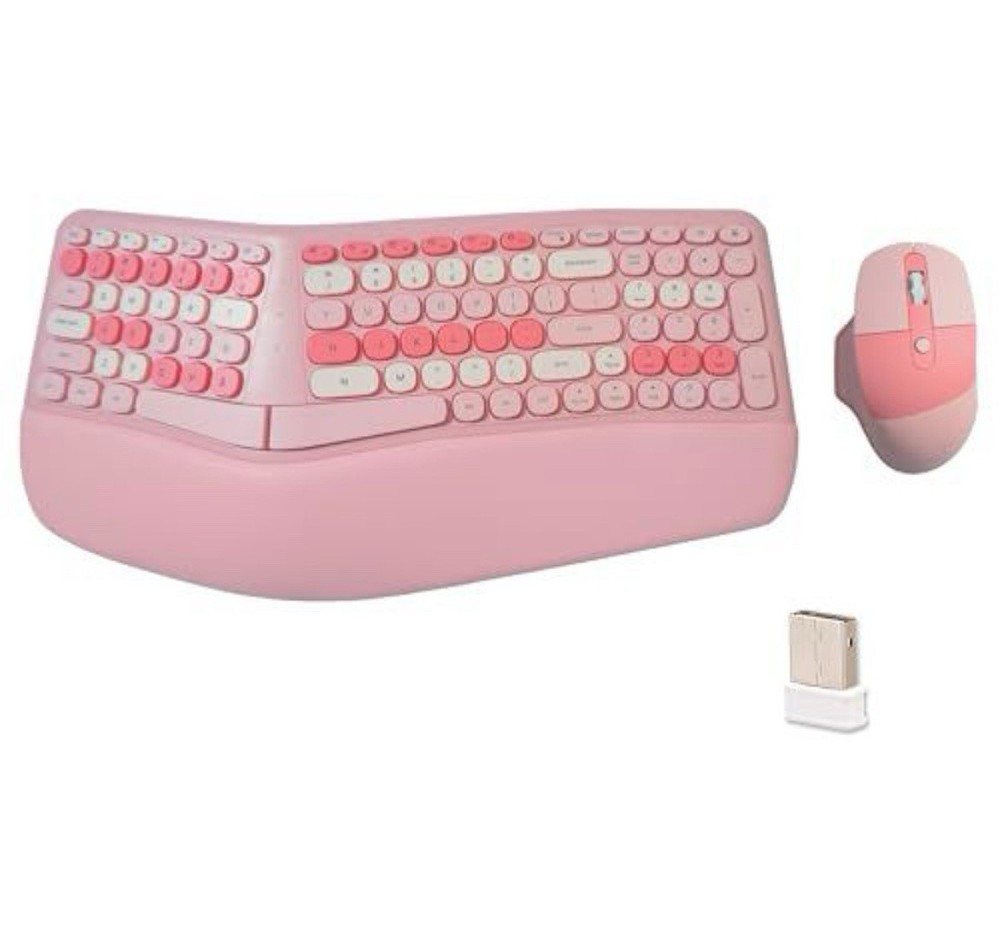 Wireless Ergonomic Split Keyboard Mouse Bundle, Pink/White, QWERTY, Wrist Rest