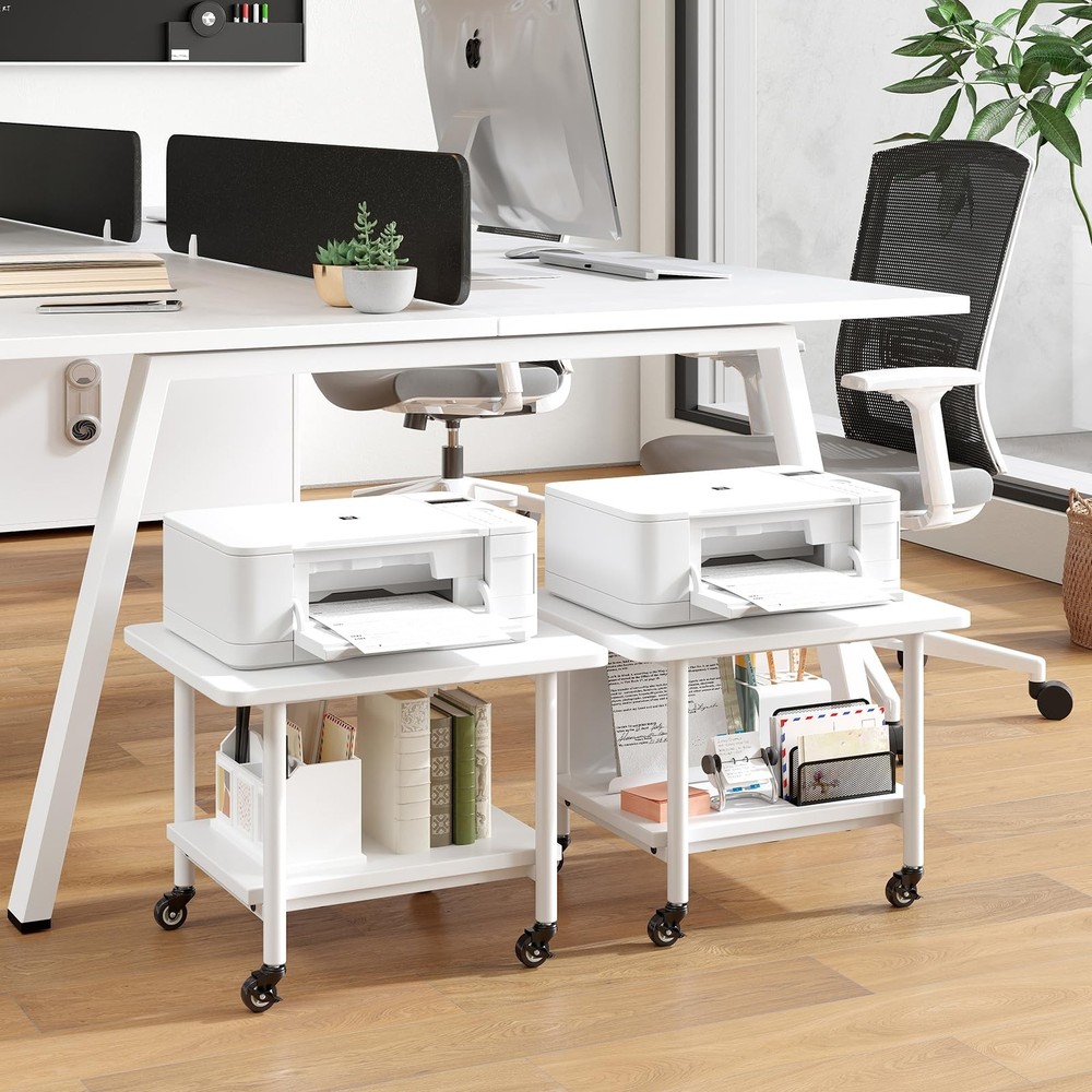 Under Desk Printer Stand, 2-Tier Mobile Printer Table with Storage Shelf, Loc...