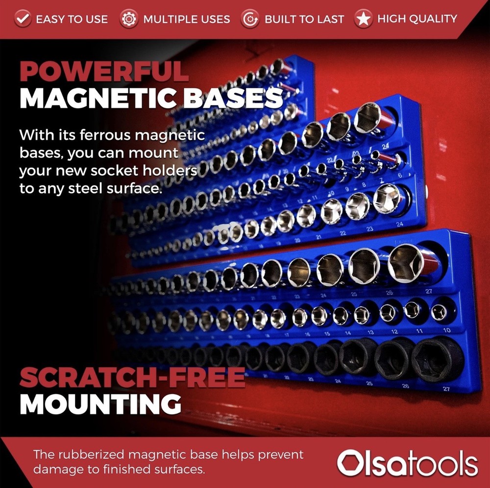 Olsa Tools 3-Row Magnetic Socket Organizer Patented 3pc Holder Kit Blue