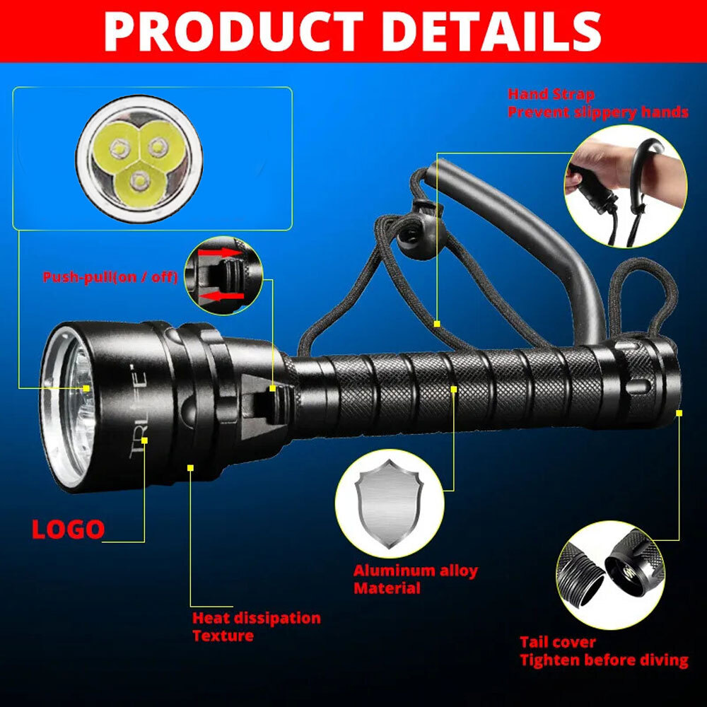 Professional Diving Light LED Waterproof Dive Scuba Lamp Underwater Flashlight