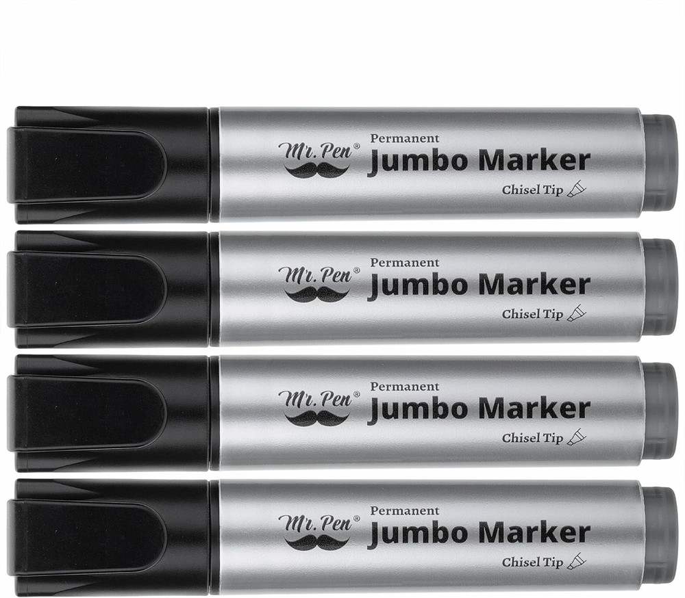 Jumbo Permanent Markers 4 Pack Chisel Tip Black Thick Wide Tip Large Size