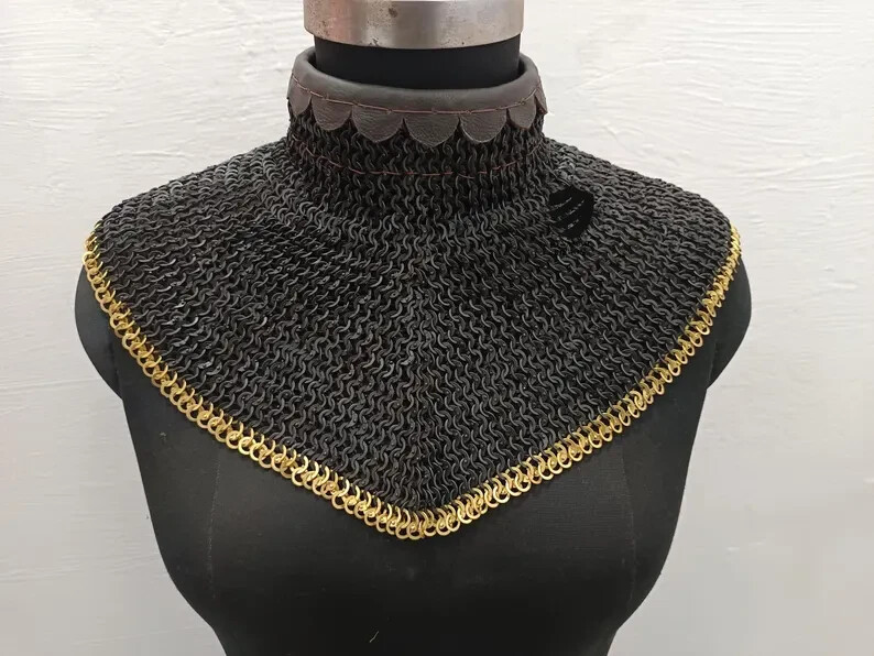Chainmail Collar 6mm Flat Ring Riveted With Brass Trim Medieval Gorget
