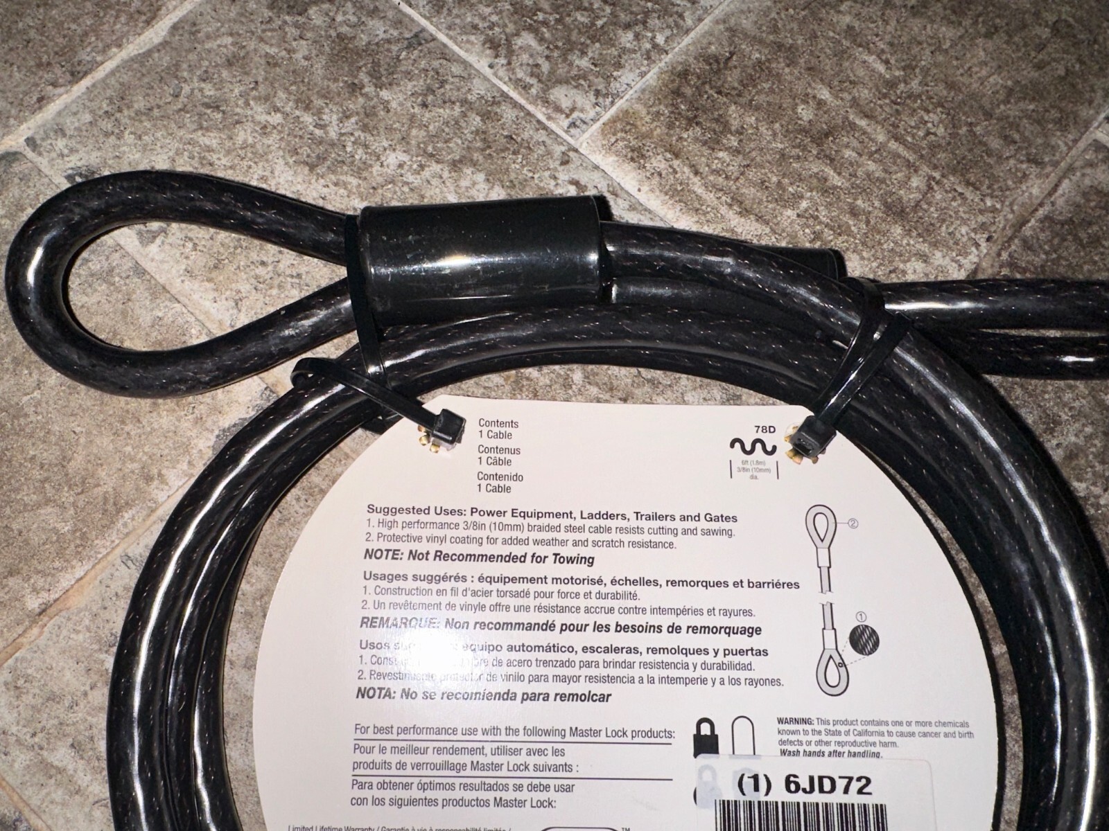 BRAND NEW - LM Master Lock 78D 6ft Braided Steel Looped End Cable Bike Lock